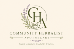 Community Herbalist Apothecary logo with botanical herbs, mortar and pestle, and CHA monogram in soft green tones